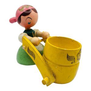 VTG Painted Wood Folk Art Girl Doll Pink Hair Buns Air Plant Planter Succulents